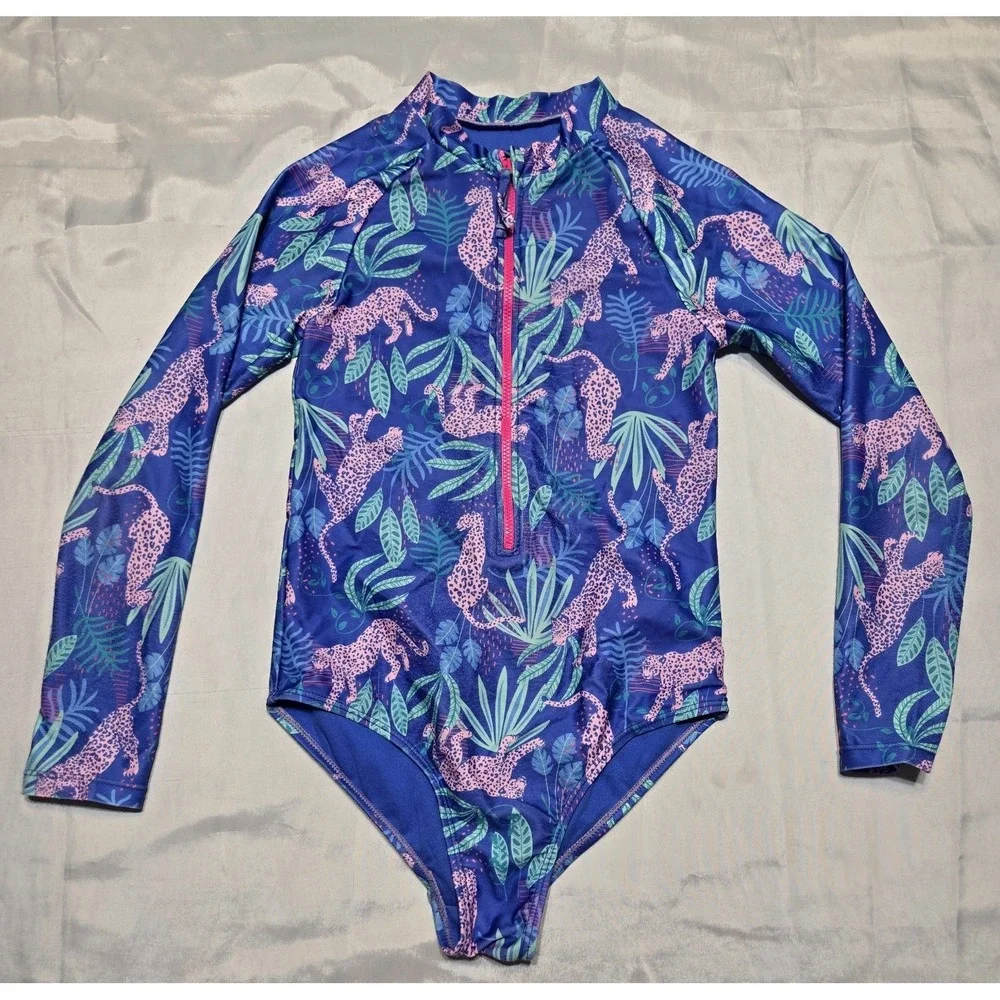 Sol Borne Girls 10/12 Long Sleeve One-Piece Rash Guard Swimsuit Tropical Leopard